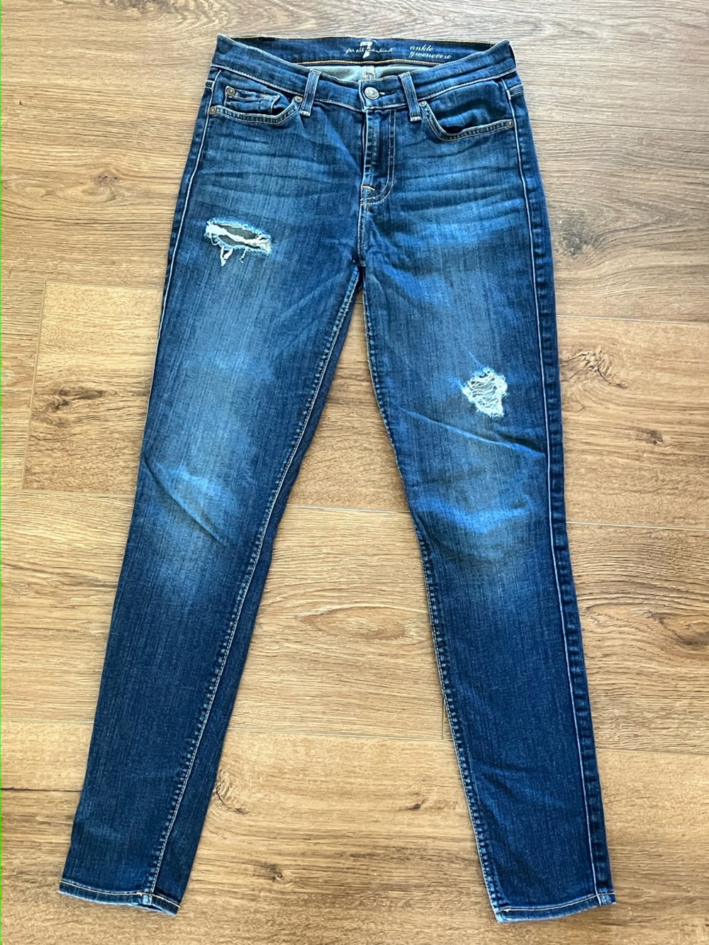 7 For All Mankind Distressed Dark Blue Skinny Jeans